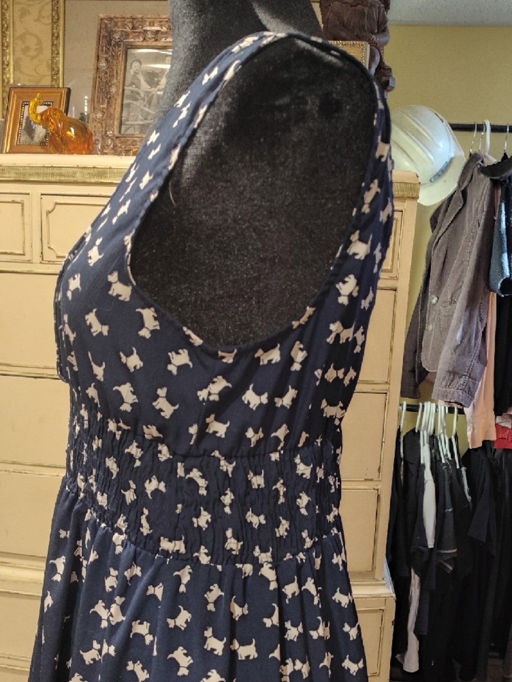 Derek Heart Navy V-Neck Smocked Waist Mini Dress with White Dog Print - Picture 5 of 11